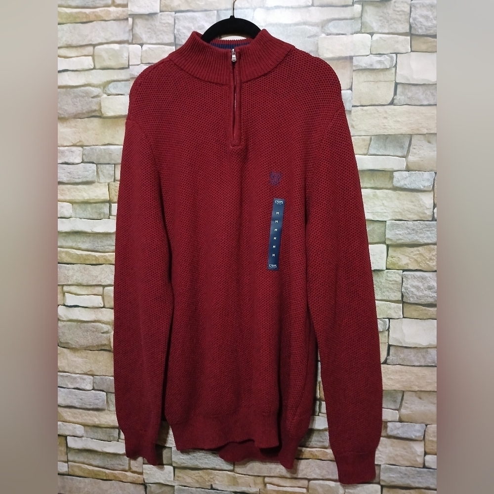 Chaps Red Navy Knit Pullover Chunky Sweater Men Quarter Zip‎ Cottagecore